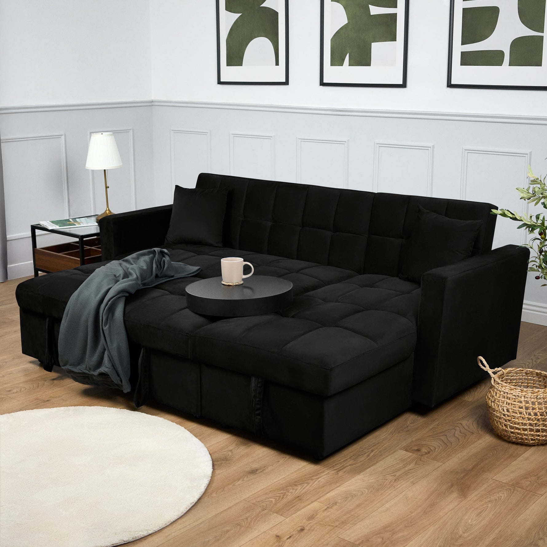 Milo Black Corner Sofa Bed with Storage - Velvet Sofa Bed & Pull Out Bed - Bargainia.com - 5056150286196