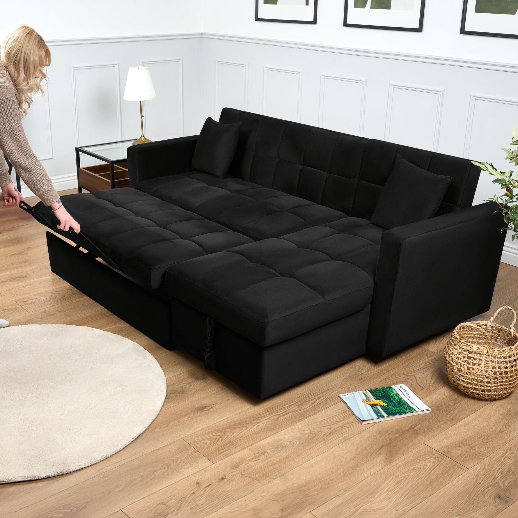 Milo Black Corner Sofa Bed with Storage - Velvet Sofa Bed & Pull Out Bed - Bargainia.com - 5056150286196