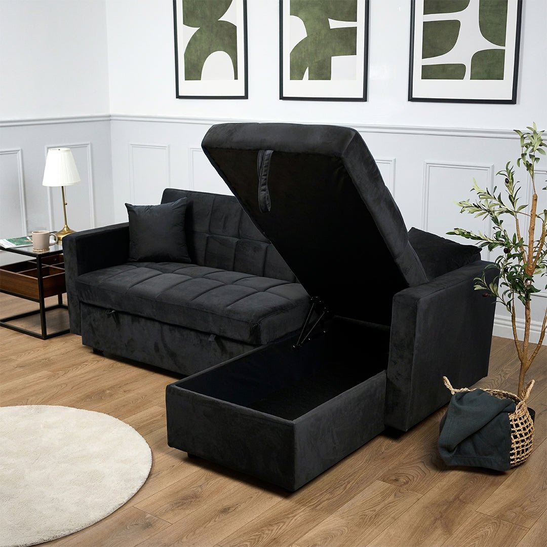 Milo Black Corner Sofa Bed with Storage - Velvet Sofa Bed & Pull Out Bed - Bargainia.com - 5056150286196 - H-7304-VLV-BLK-C31