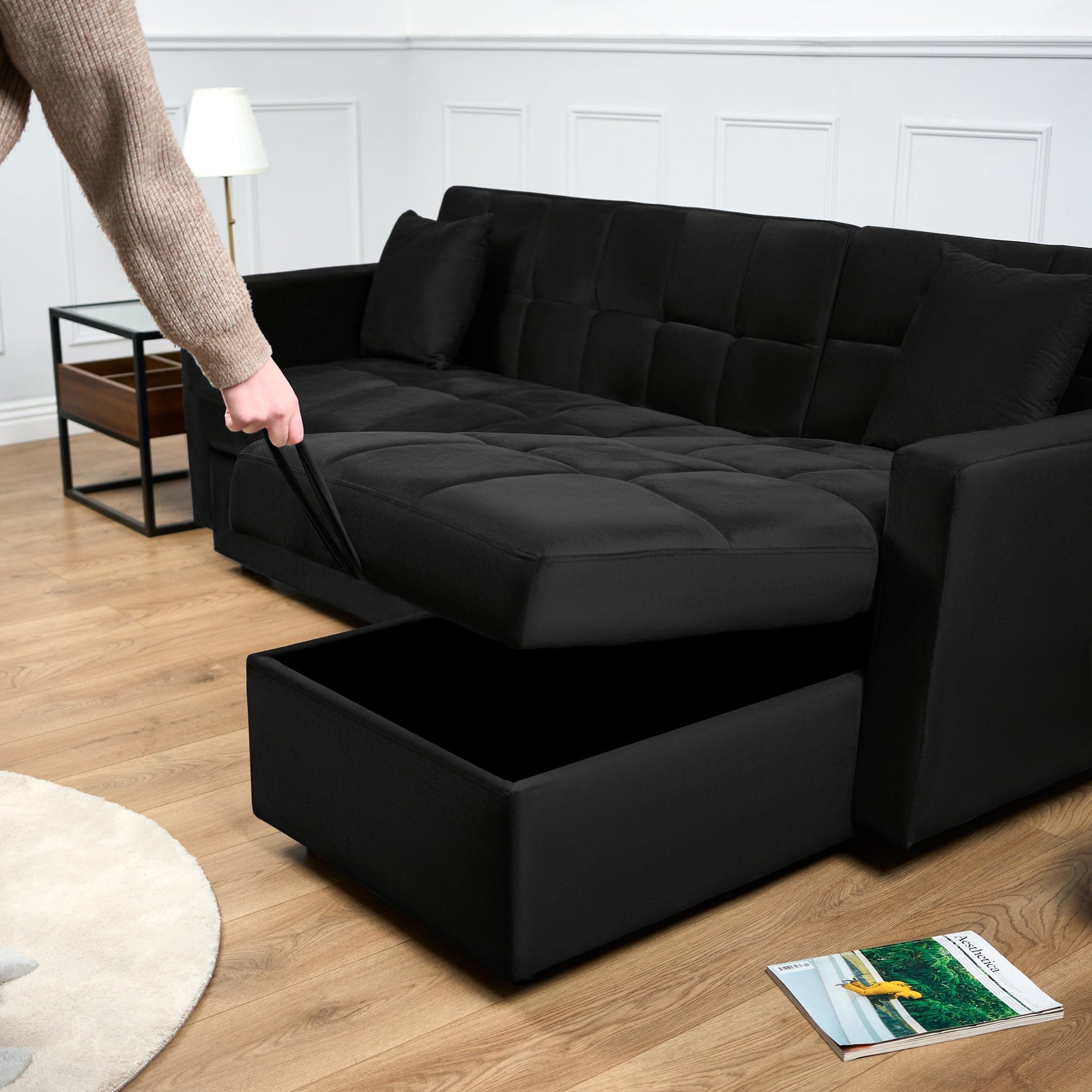 Milo Black Corner Sofa Bed with Storage - Velvet Sofa Bed & Pull Out Bed - Bargainia.com - 5056150286196