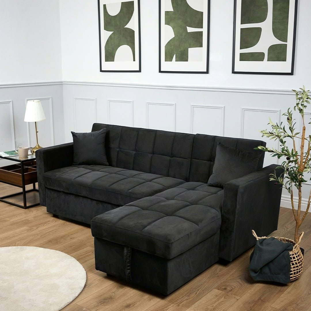 Milo Black Corner Sofa Bed with Storage - Velvet Sofa Bed & Pull Out Bed - Bargainia.com - 5056150286196 - H-7304-VLV-BLK-C31