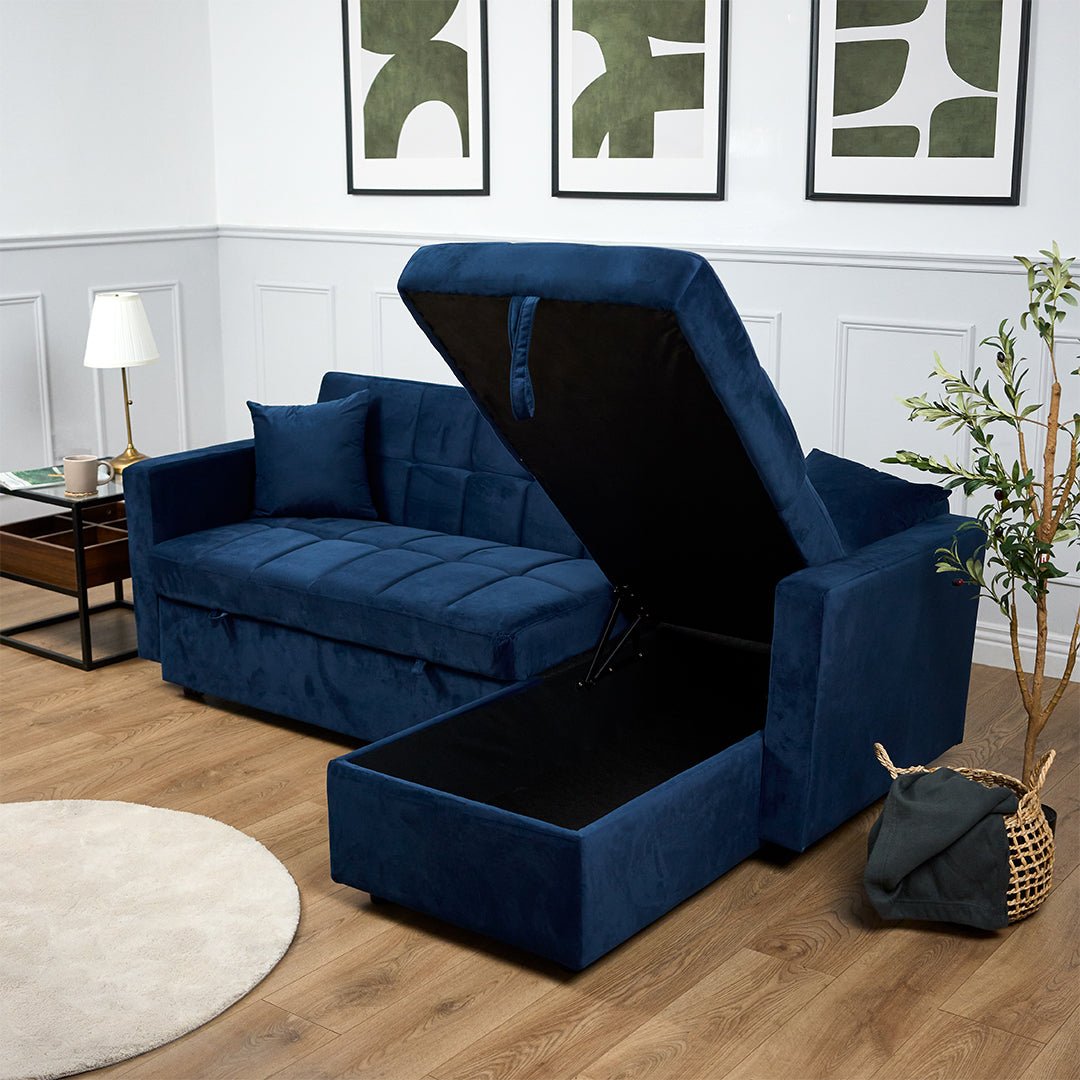 Milo Blue Corner Chaise Sofa Bed with Storage - Velvet Sofa Bed & Pull Out Bed - Bargainia.com - 