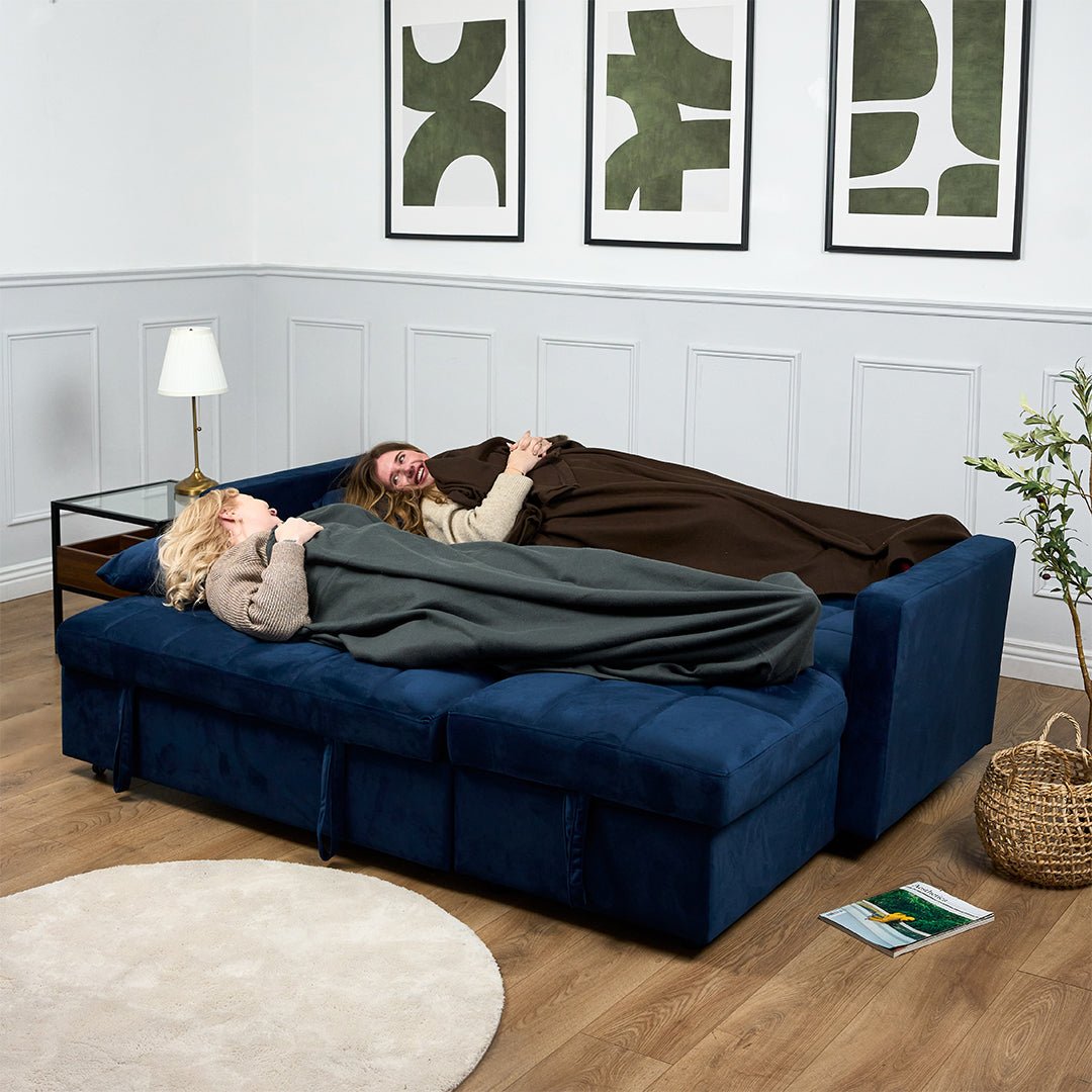 Milo Blue Corner Chaise Sofa Bed with Storage - Velvet Sofa Bed & Pull Out Bed - Bargainia.com - 