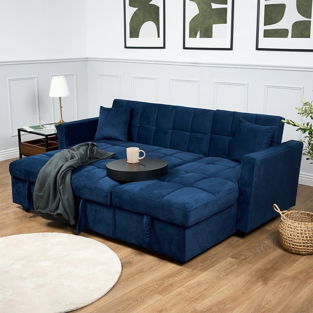 Milo Blue Corner Chaise Sofa Bed with Storage - Velvet Sofa Bed & Pull Out Bed - Bargainia.com - 