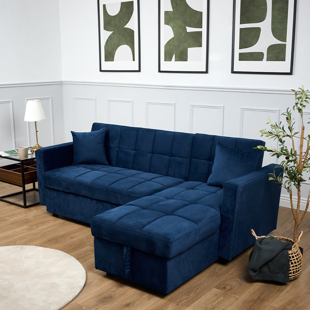 Milo Blue Corner Sofa Bed with Storage - Velvet Sofa Bed & Pull Out Bed - Bargainia.com - 5056150286189 - H-7304-VLV-BL-C31
