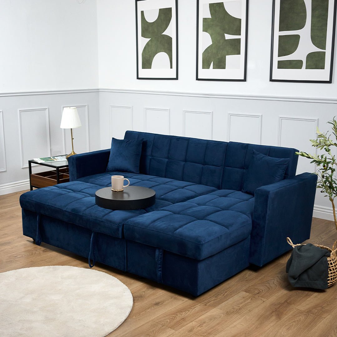 Milo Blue Corner Chaise Sofa Bed with Storage - Velvet Sofa Bed & Pull Out Bed - Bargainia.com - 