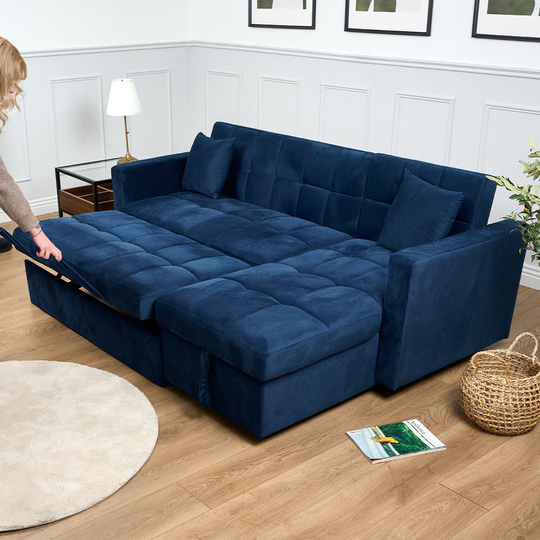 Milo Blue Corner Chaise Sofa Bed with Storage - Velvet Sofa Bed & Pull Out Bed - Bargainia.com - 