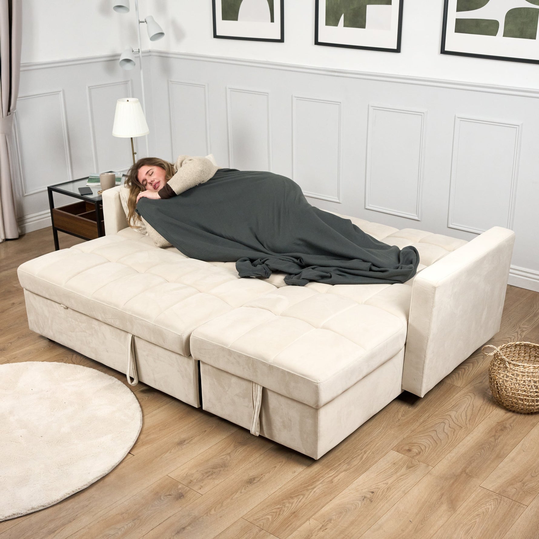 Milo Cream Corner Sofa Bed with Storage - Velvet Sofa Bed & Pull Out Bed - Bargainia.com - 5056150286202