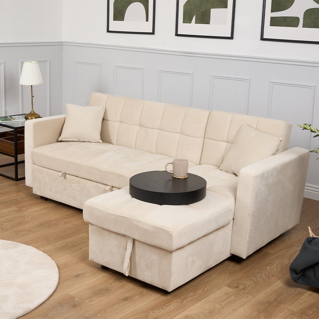 Milo Cream Corner Sofa Bed with Storage - Velvet Sofa Bed & Pull Out Bed - Bargainia.com - 5056150286202 - H-7304-VLV-CR-C31