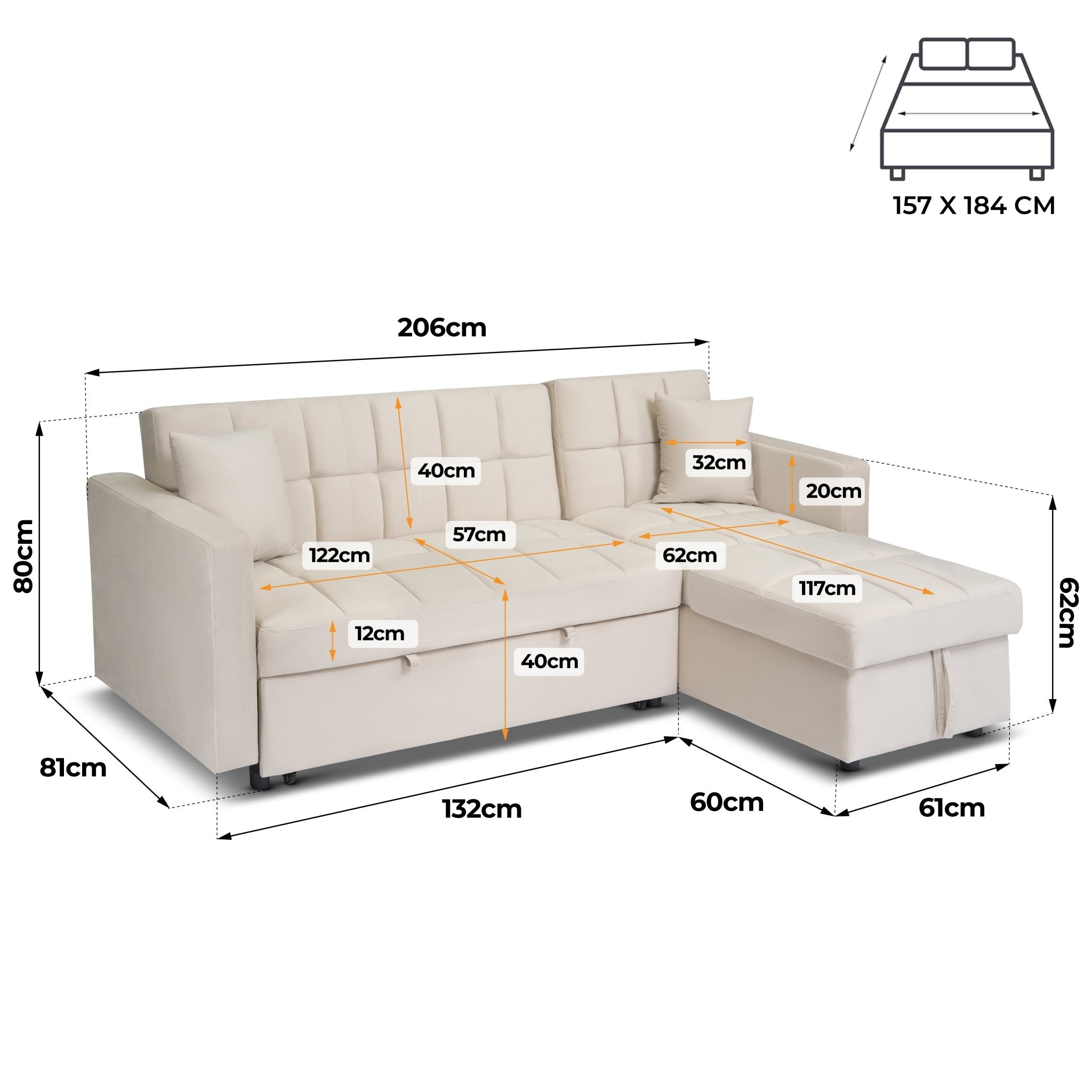 Milo Cream Corner Sofa Bed with Storage - Velvet Sofa Bed & Pull Out Bed - Bargainia.com - 