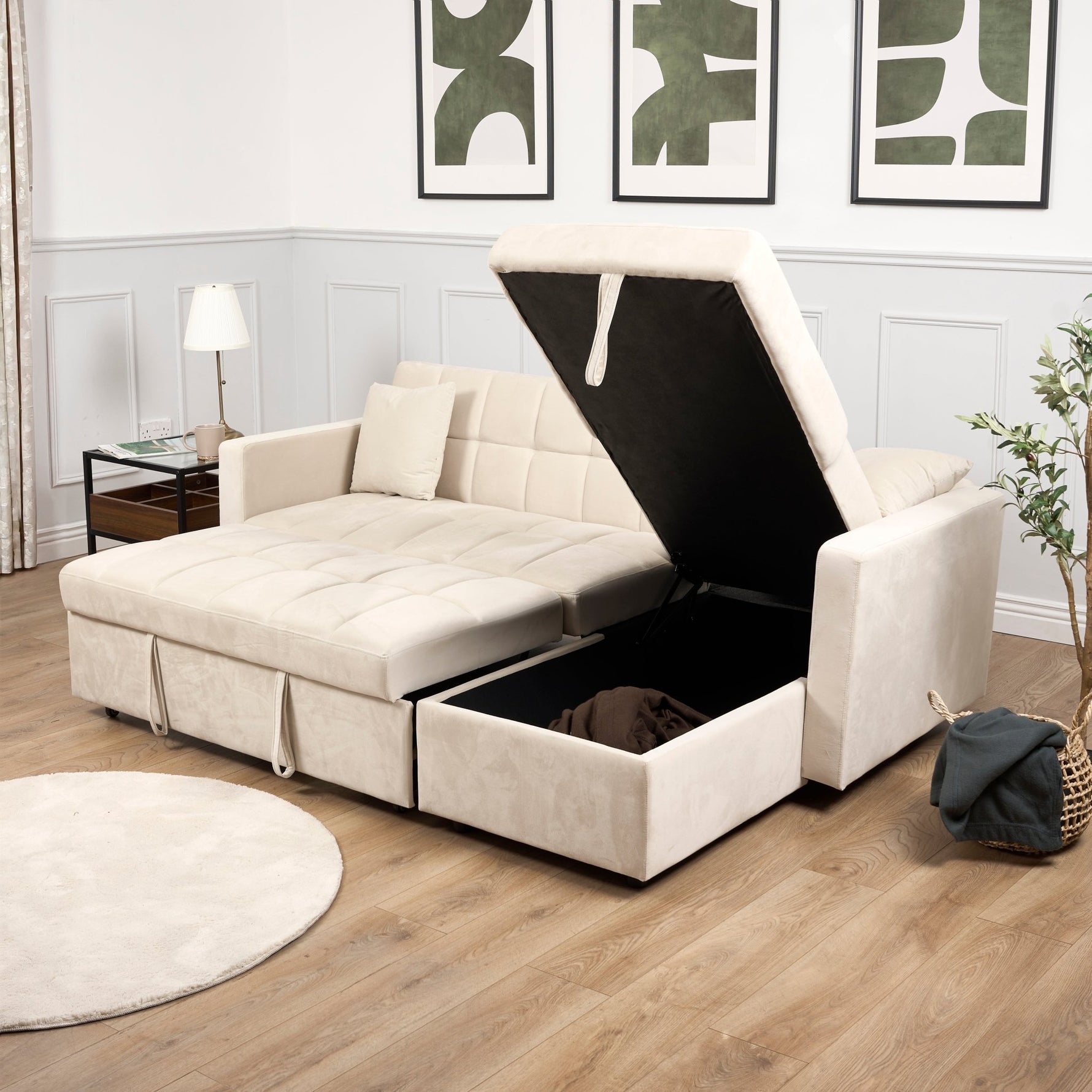Milo Cream Corner Sofa Bed with Storage - Velvet Sofa Bed & Pull Out Bed - Bargainia.com - 5056150286202