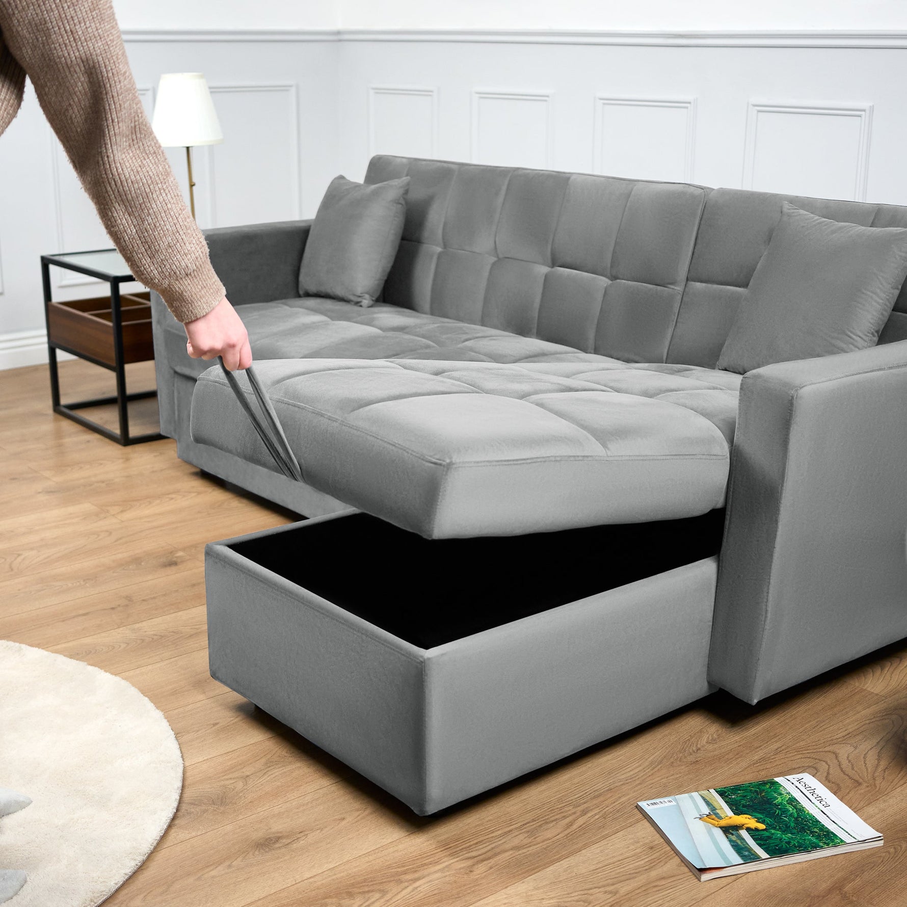 Milo Grey Corner Sofa Bed with Storage - Velvet Sofa Bed & Pull Out Bed - Bargainia.com - 5056150286172