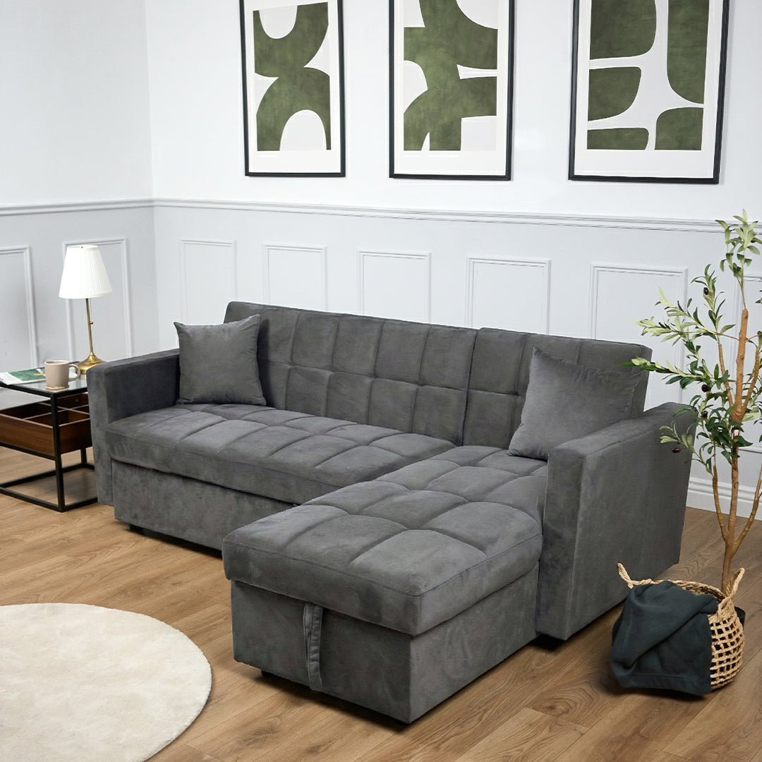 Milo Grey Corner Sofa Bed with Storage - Velvet Sofa Bed & Pull Out Bed - Bargainia.com - 5056150286172 - H-7304-VLV-GY-C31