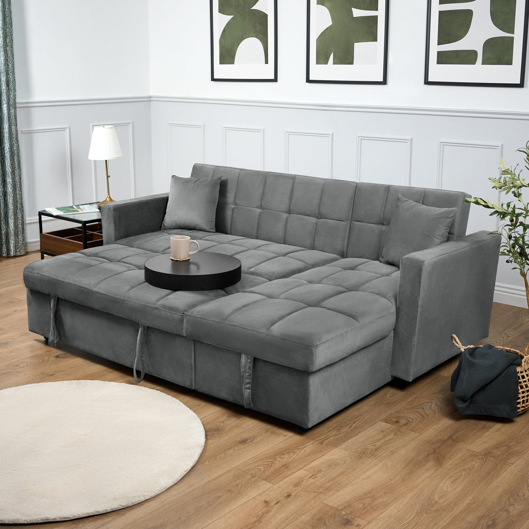 Milo Grey Corner Sofa Bed with Storage - Velvet Sofa Bed & Pull Out Bed - Bargainia.com - 5056150286172