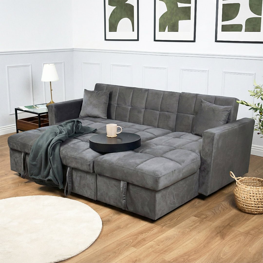 Milo Grey Corner Sofa Bed with Storage - Velvet Sofa Bed & Pull Out Bed - Bargainia.com - 5056150286172 - H-7304-VLV-GY-C31