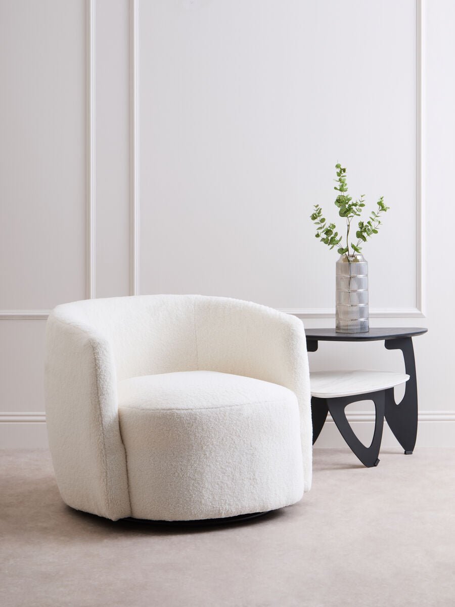 Montreal Ivory Boucle Effect Curved Lounge Chair With Swivel Base - Bargainia.com - 5063227016341