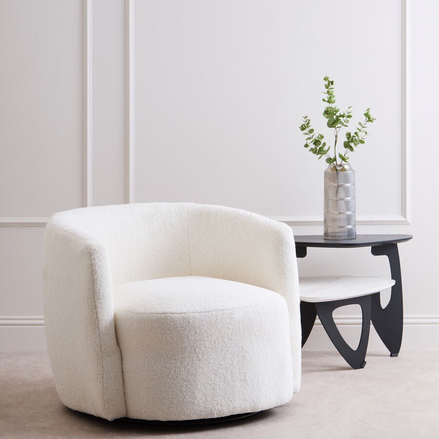 Montreal Ivory Boucle Effect Curved Lounge Chair With Swivel Base - Bargainia.com - 5063227016341