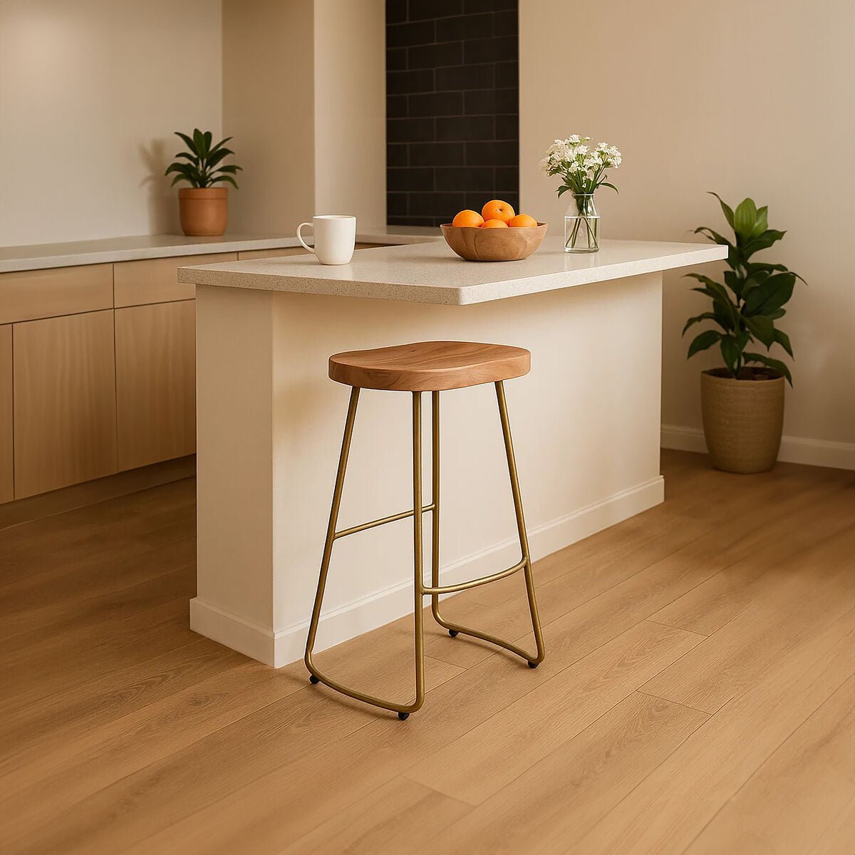 Nandri Acacia Wood and Antique Brass Bar Stool - Bargainia.com - 5018705499802