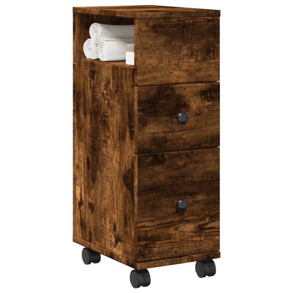 Narrow Bathroom Cabinet with Wheels Smoked Oak Engineered Wood - Bargainia.com - 8721158400345 - 855236