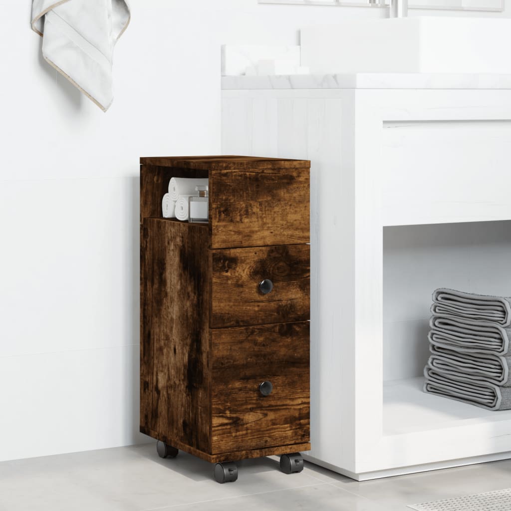 Narrow Bathroom Cabinet with Wheels Smoked Oak Engineered Wood - Bargainia.com - 8721158400345 - 855236