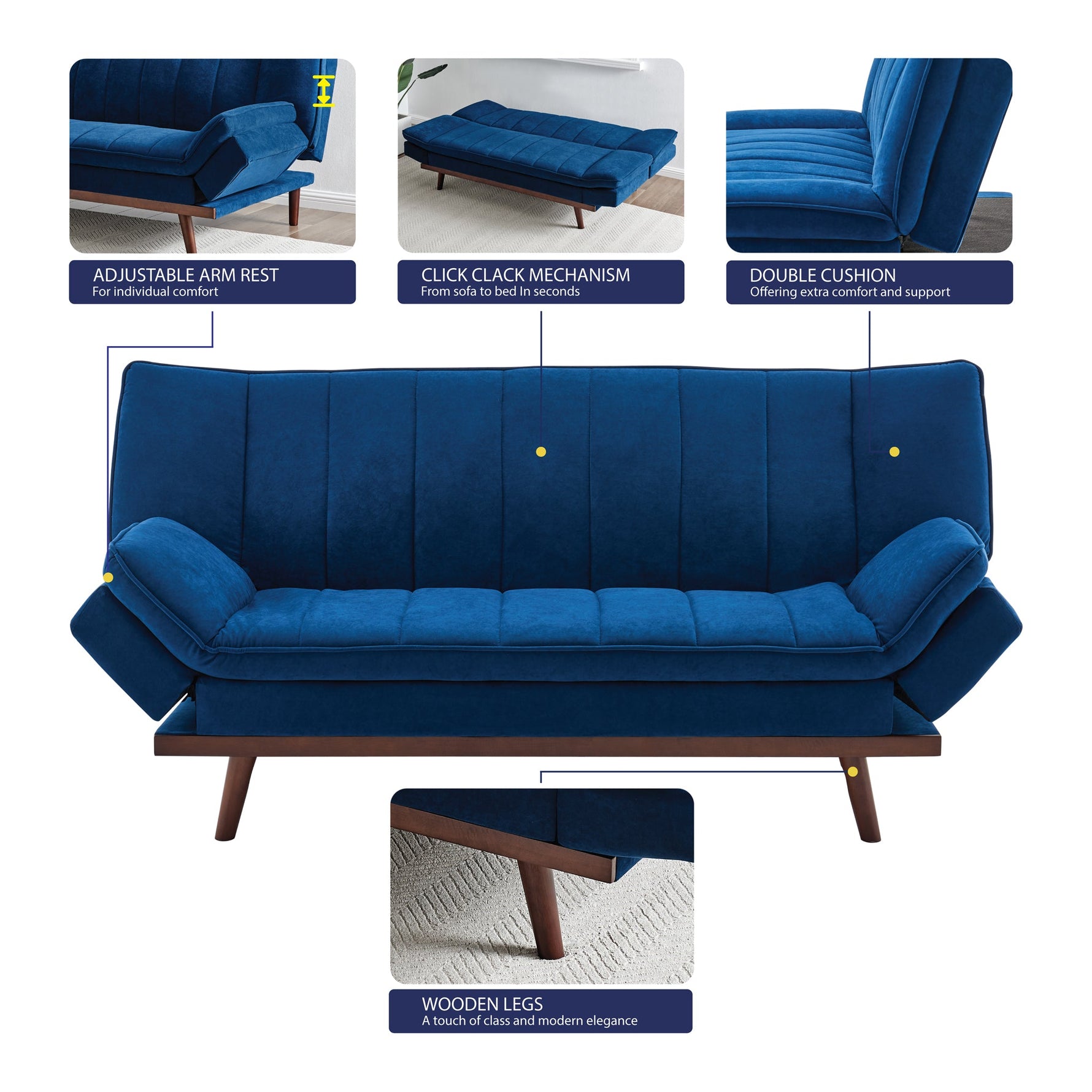Navy Blue Velvet 3 Seater Sofa Bed - Mondaine - Bargainia.com - 