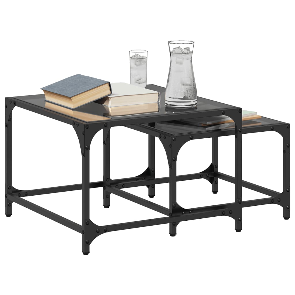 Nesting Coffee Tables 2 pcs with Black Glass Top Steel - Bargainia.com - 