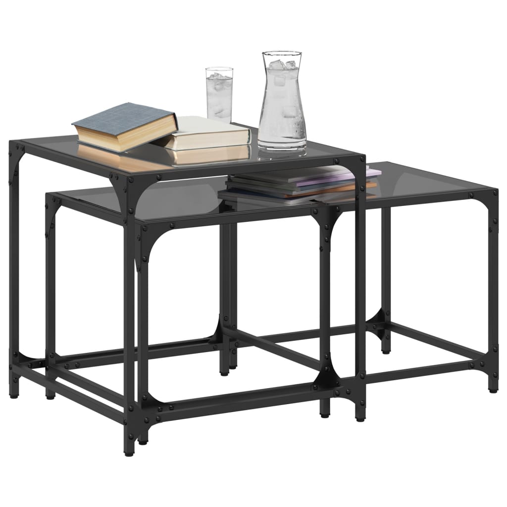 Nesting Coffee Tables 2 pcs with Black Glass Top Steel - Bargainia.com - 
