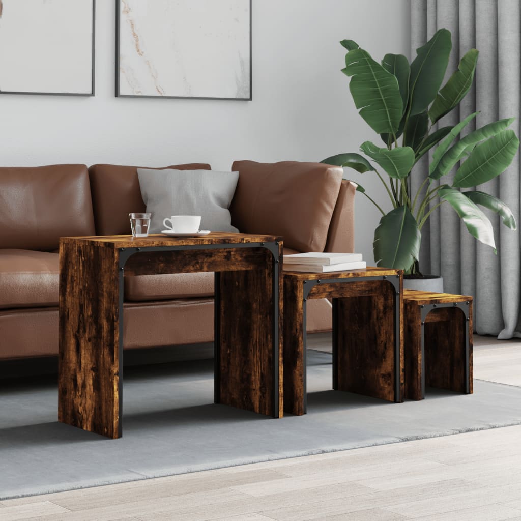 Nesting Coffee Tables 3 pcs Smoked Oak Engineered Wood - Bargainia.com - 