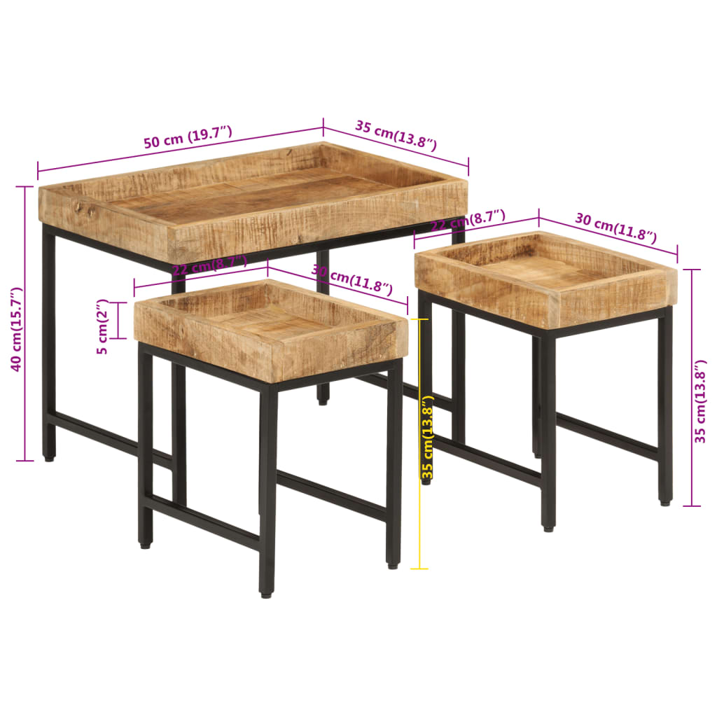 Nesting Coffee Tables 3 pcs Solid Rough Mango Wood and Iron - Bargainia.com - 