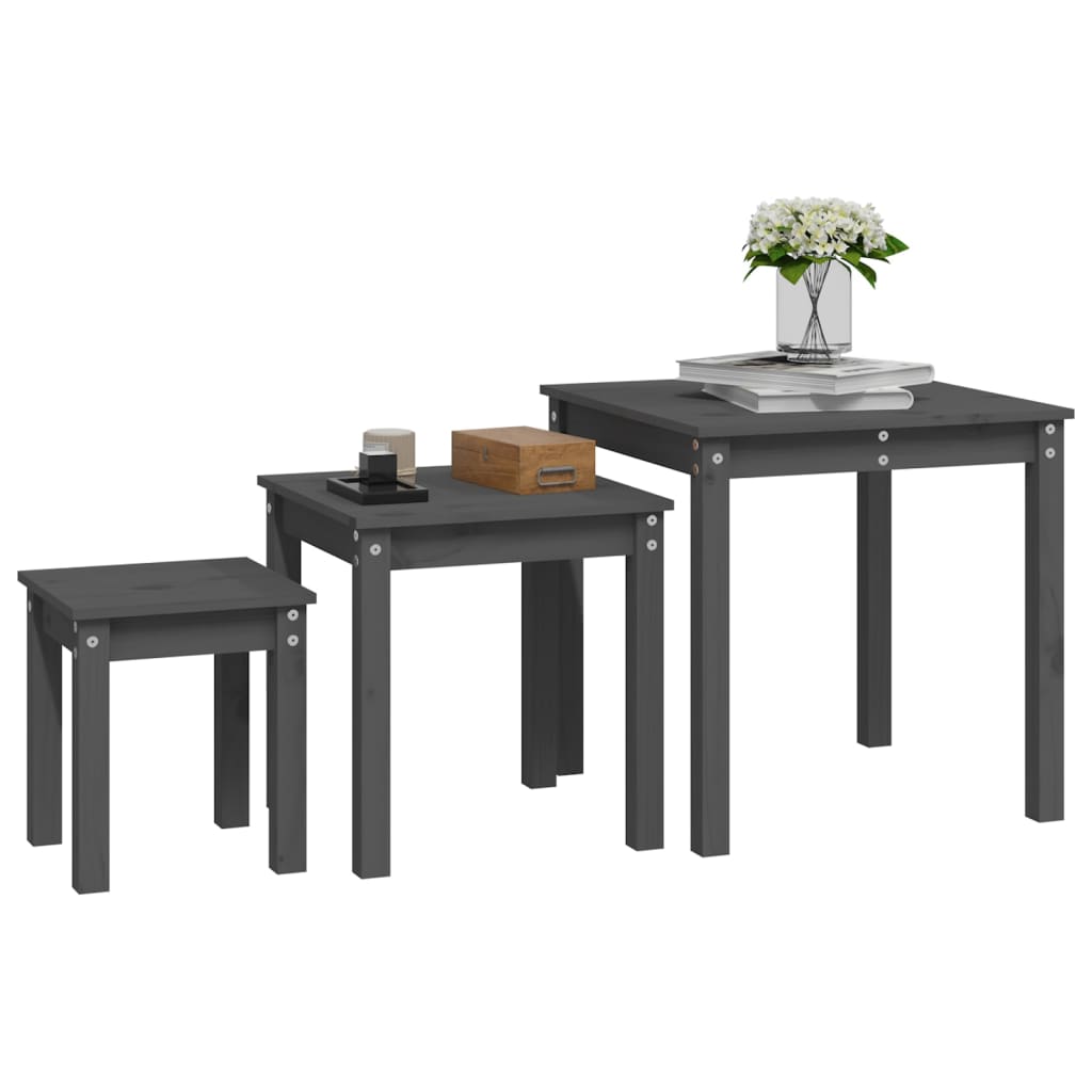 Nesting Tables 3 pcs Grey Solid Wood Pine - Bargainia.com - 