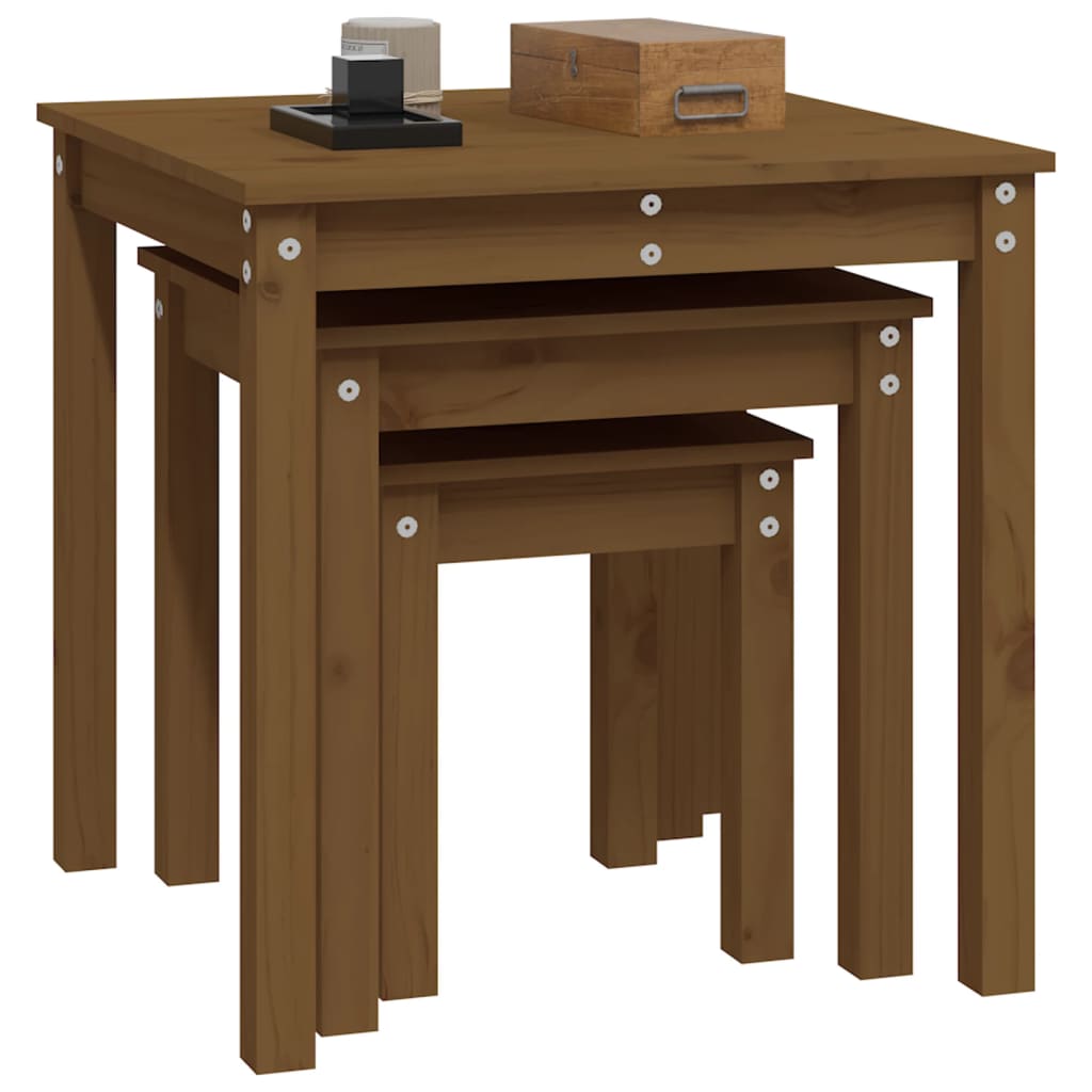 Nesting Tables 3 pcs Honey Brown Solid Wood Pine - Bargainia.com - 