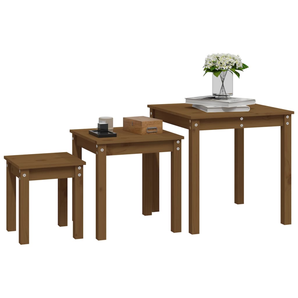 Nesting Tables 3 pcs Honey Brown Solid Wood Pine - Bargainia.com - 