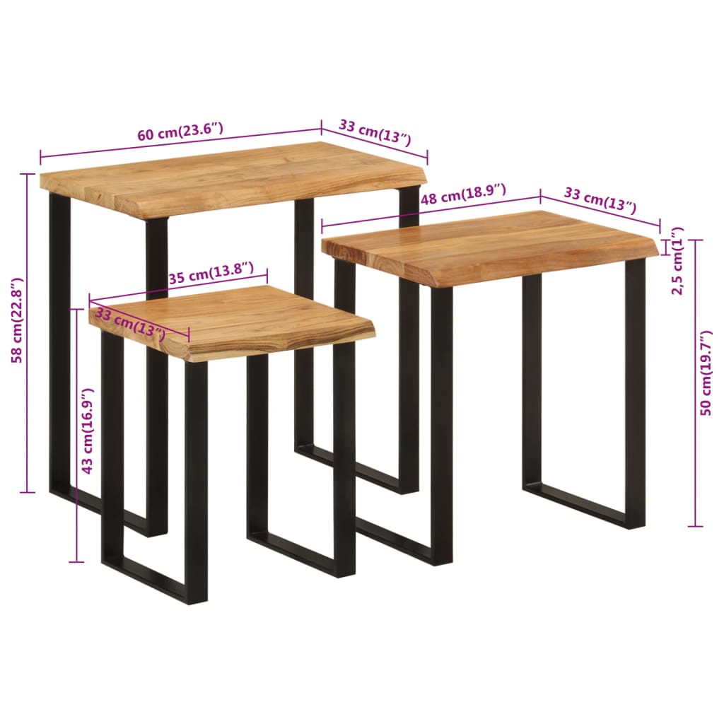 Nesting Tables 3 pcs with Live Edge Solid Wood Acacia - Bargainia.com - 