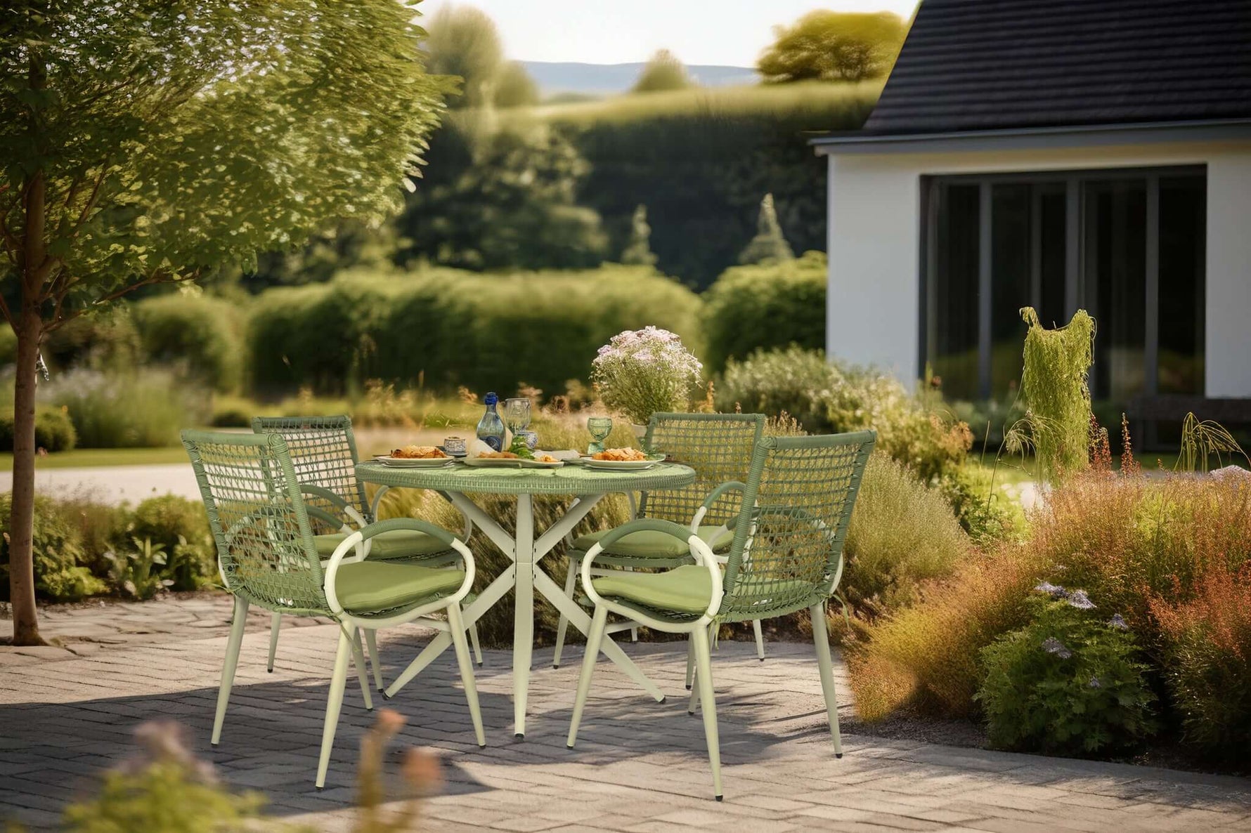 Nissi Outdoor 5 - Piece Rattan Dining Set - Grey or Green - Bargainia.com - 