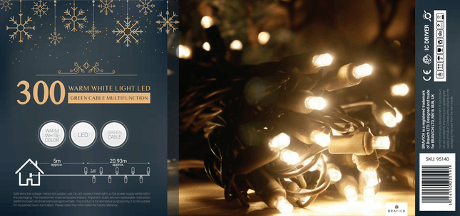 Indoor/Outdoor 8 Function LED Waterproof Fairy Lights with Green Cable (300 Light - 25M Cable) - Warm White Lights-8800225808649-Bargainia.com
