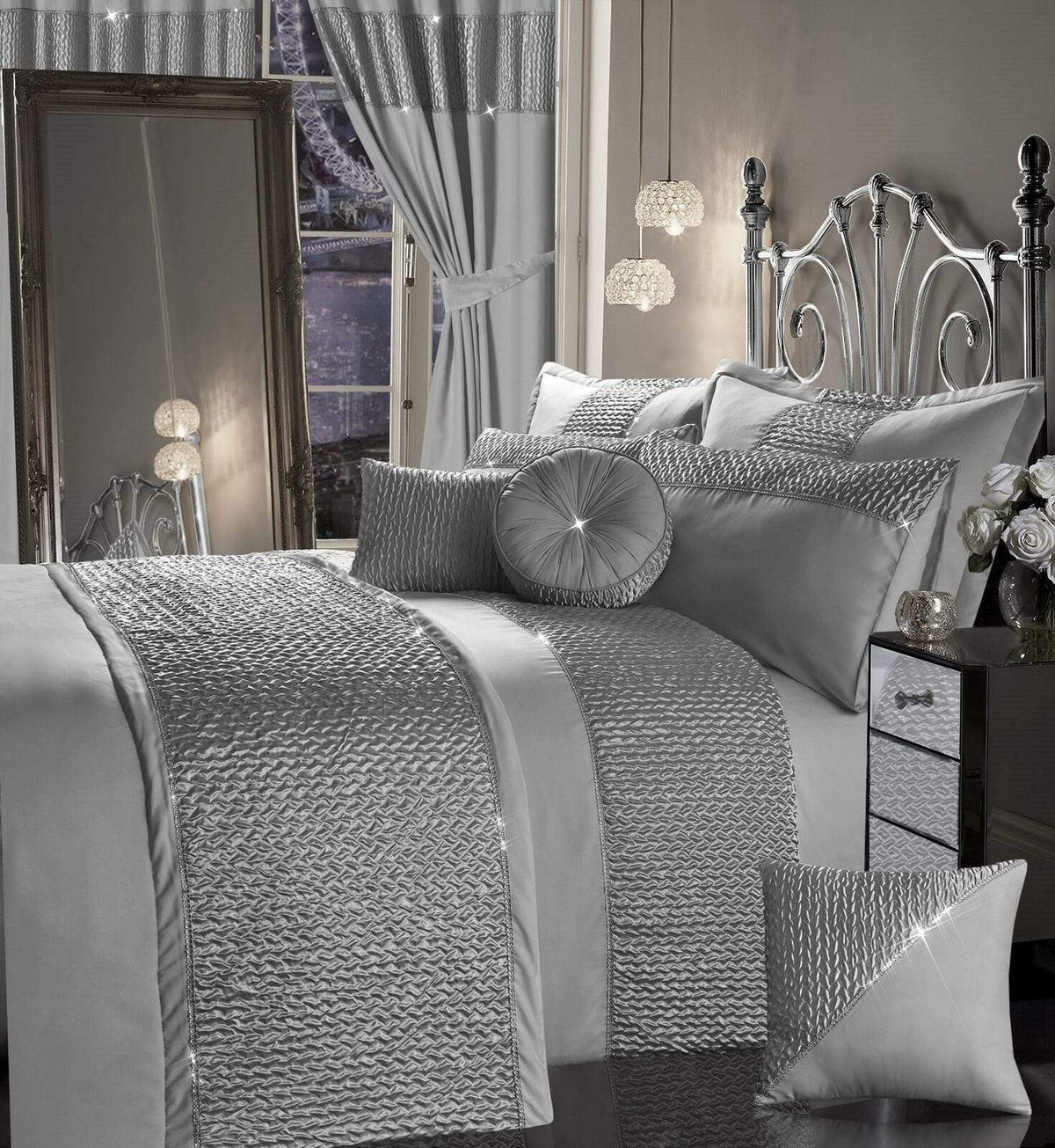 OLIVIA ROCCO Zenia Duvet Cover Set With Quilted Trim And Diamante Detailing For Luxurious