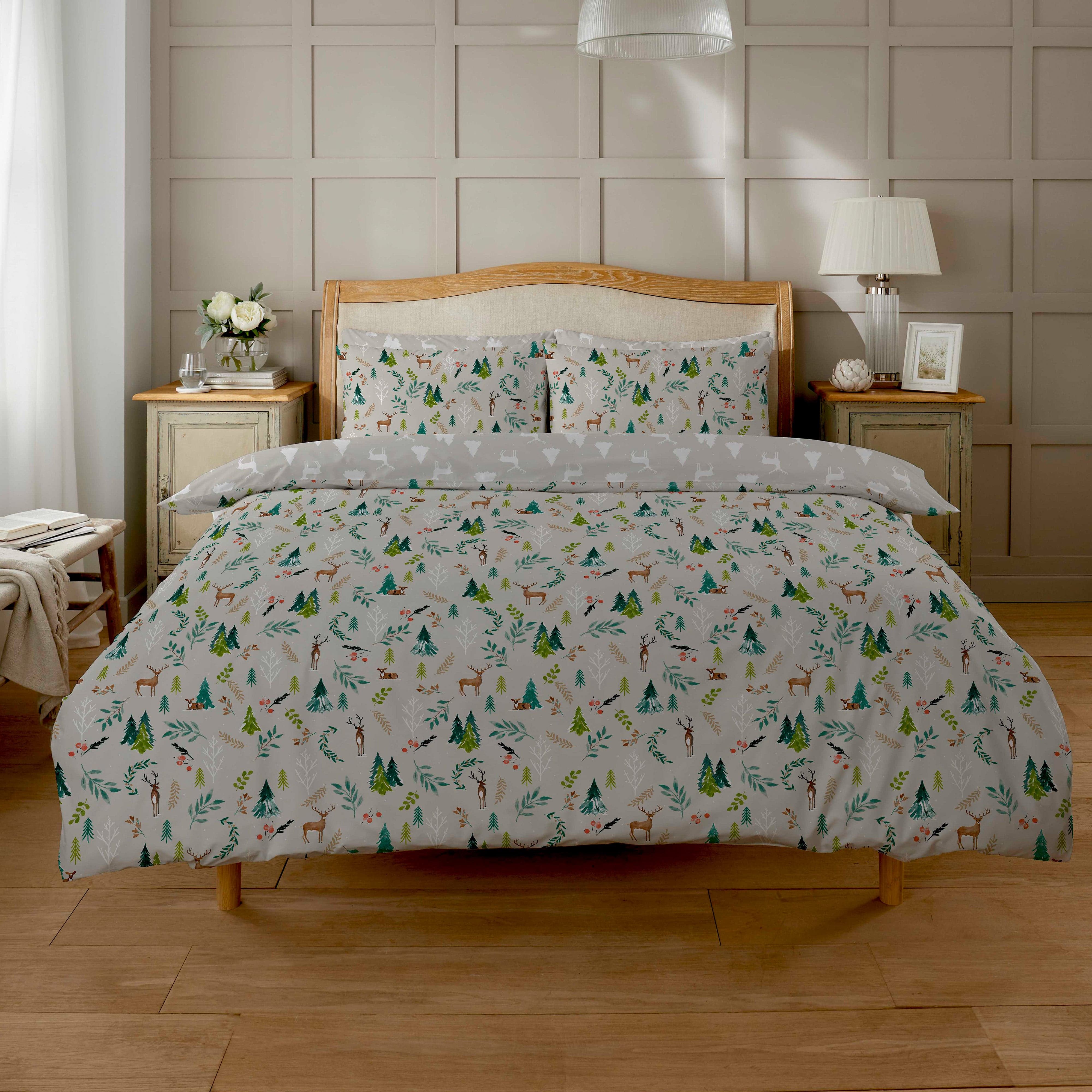 OLIVIA ROCCO Snowy Reindeers Reversible Duvet Cover Set With Pillowcases Polycotton