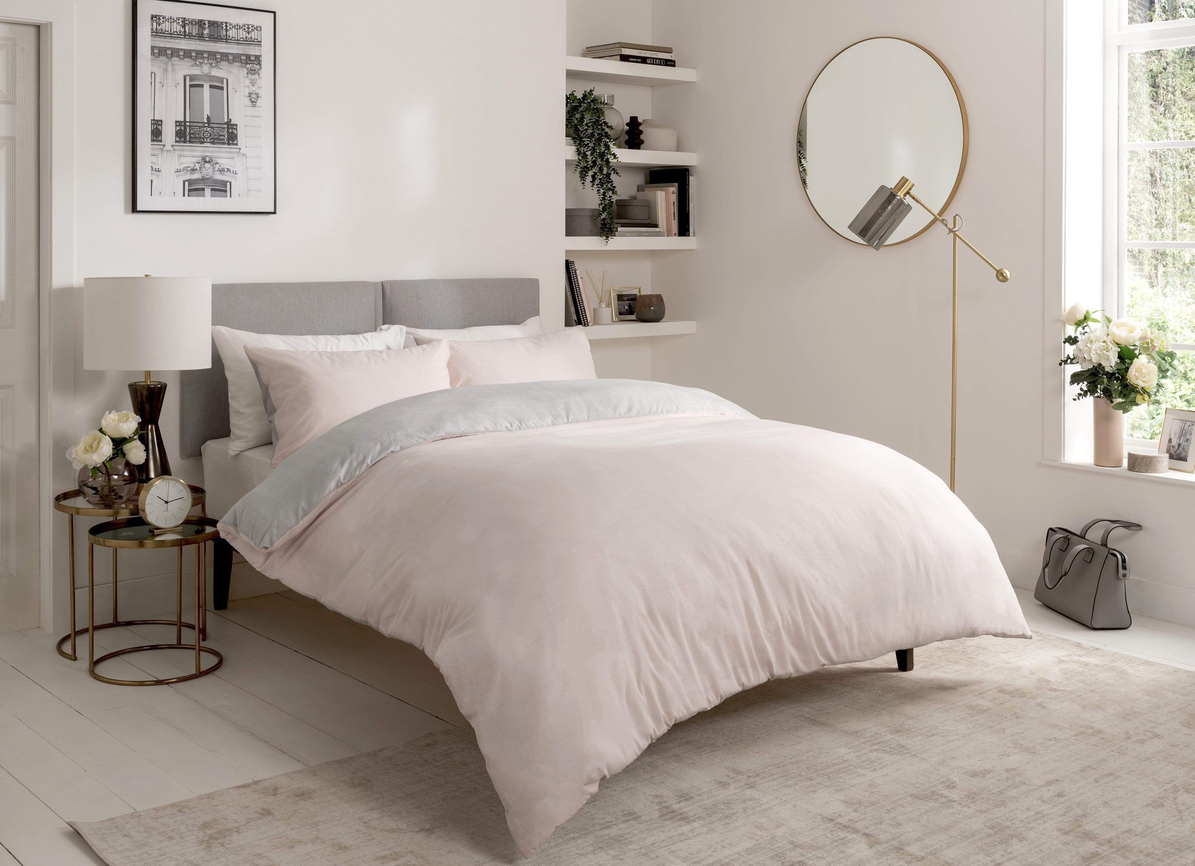 OLIVIA ROCCO Chambray Reversible Duvet Set Cotton Rich Bedding In Grey And Pink Sizes