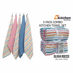 OLIVIA ROCCO 5 Pack Cotton Kitchen Tea Towels Striped Ribbed Waffle 45cm x 65cm Quick Dry