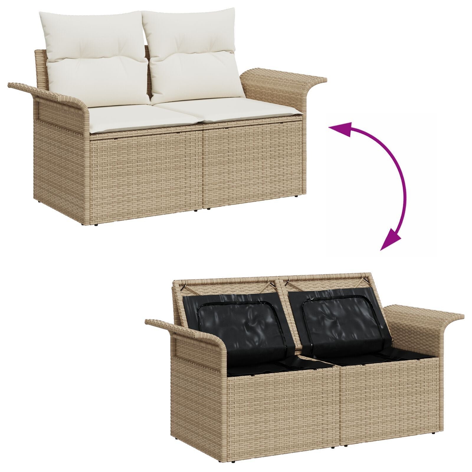 Outdoor Patio Poly Rattan 2 - Seater Garden Sofa With Storage & Cushions Chair - Bargainia.com - 