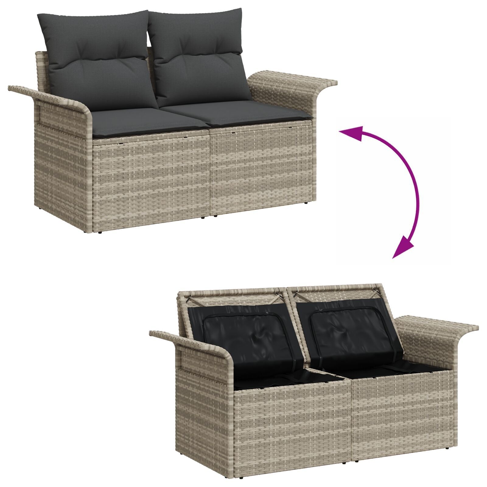 Outdoor Patio Poly Rattan 2 - Seater Garden Sofa With Storage & Cushions Chair - Bargainia.com - 