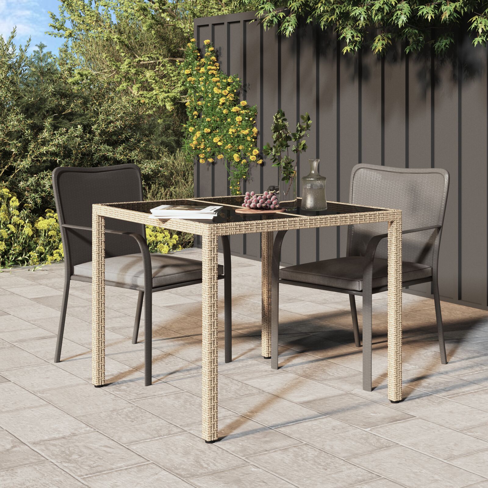 Outdoor Patio Poly Rattan Square Garden 4 Person Dining Table With Glass Top - Bargainia.com - 8720845727420 - 362536