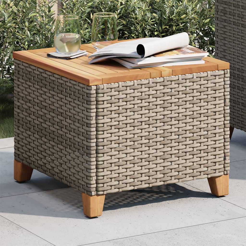 Outdoor Patio Poly Rattan Square Garden Coffee Side Sofa Table With Acacia Wood Top - Bargainia.com - 