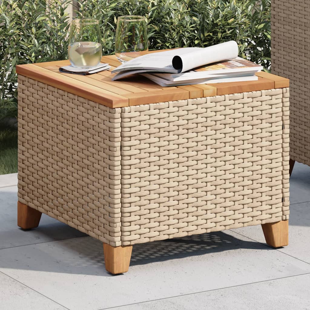 Outdoor Patio Poly Rattan Square Garden Coffee Side Sofa Table With Acacia Wood Top - Bargainia.com - 