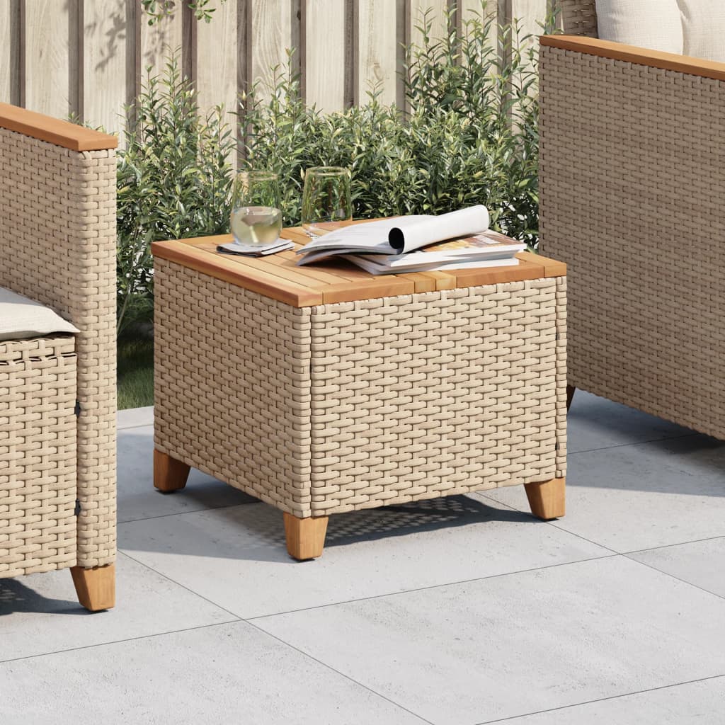 Outdoor Patio Poly Rattan Square Garden Coffee Side Sofa Table With Acacia Wood Top - Bargainia.com - 