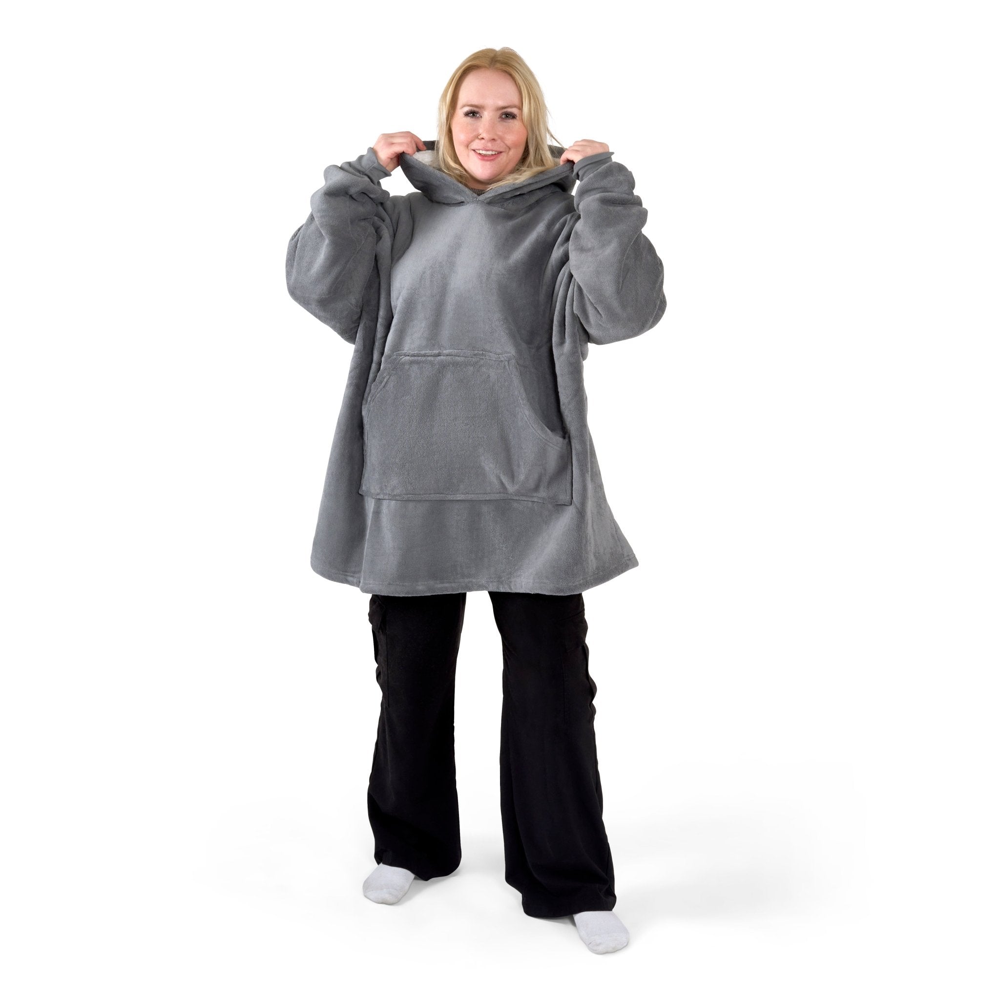 Oversized Sherpa Fleece Hoodie Blanket - Charcoal Grey - Bargainia.com - 
