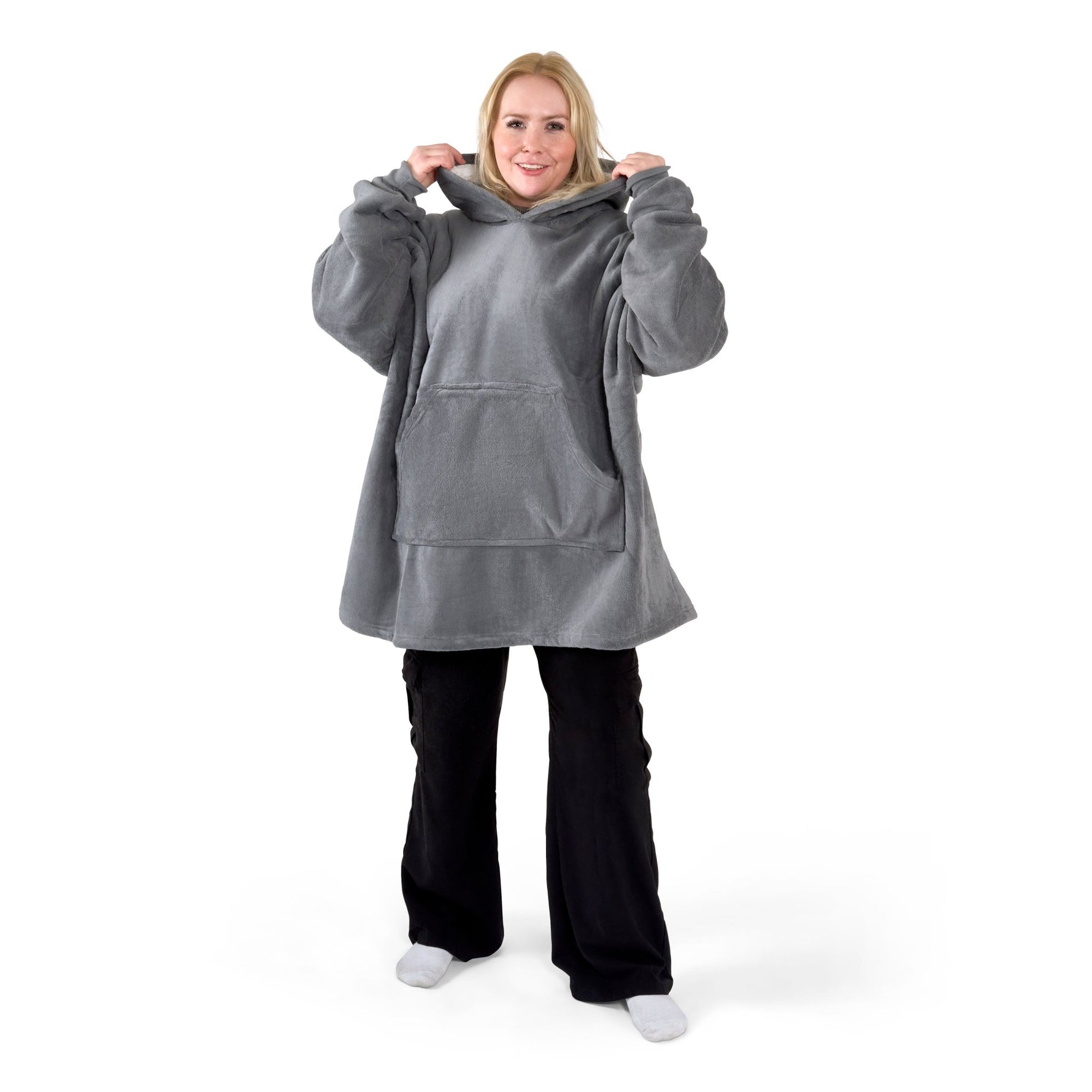 Oversized Sherpa Fleece Hoodie Blanket - Charcoal Grey - Bargainia.com - 