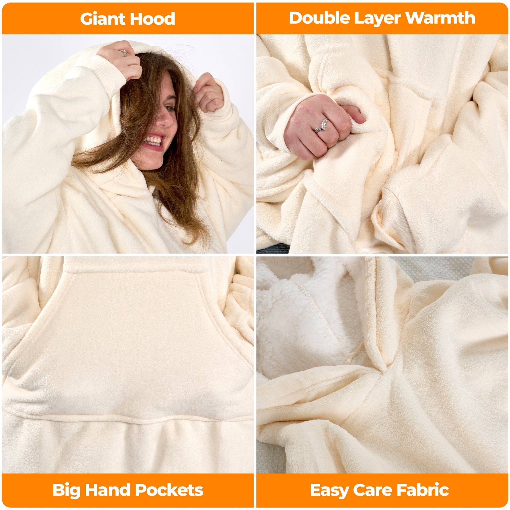 Oversized Sherpa Fleece Hoodie Blanket - Ivory Cream - Bargainia.com - 5056536110343