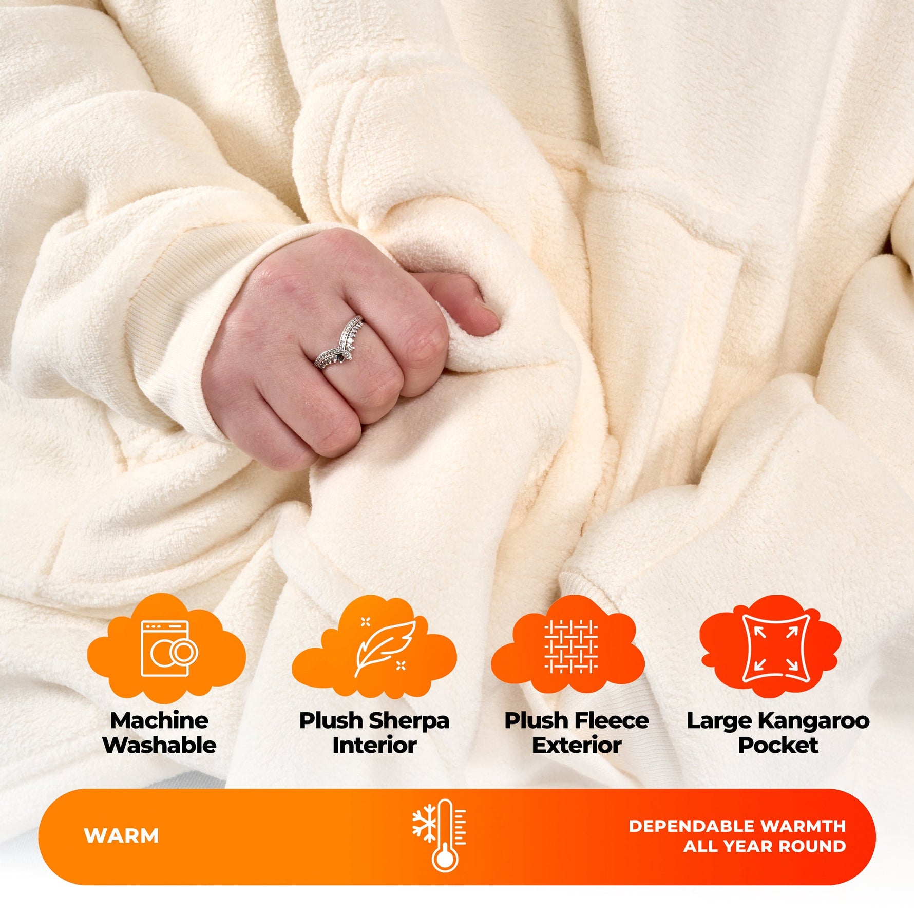 Oversized Sherpa Fleece Hoodie Blanket - Ivory Cream - Bargainia.com - 5056536110343