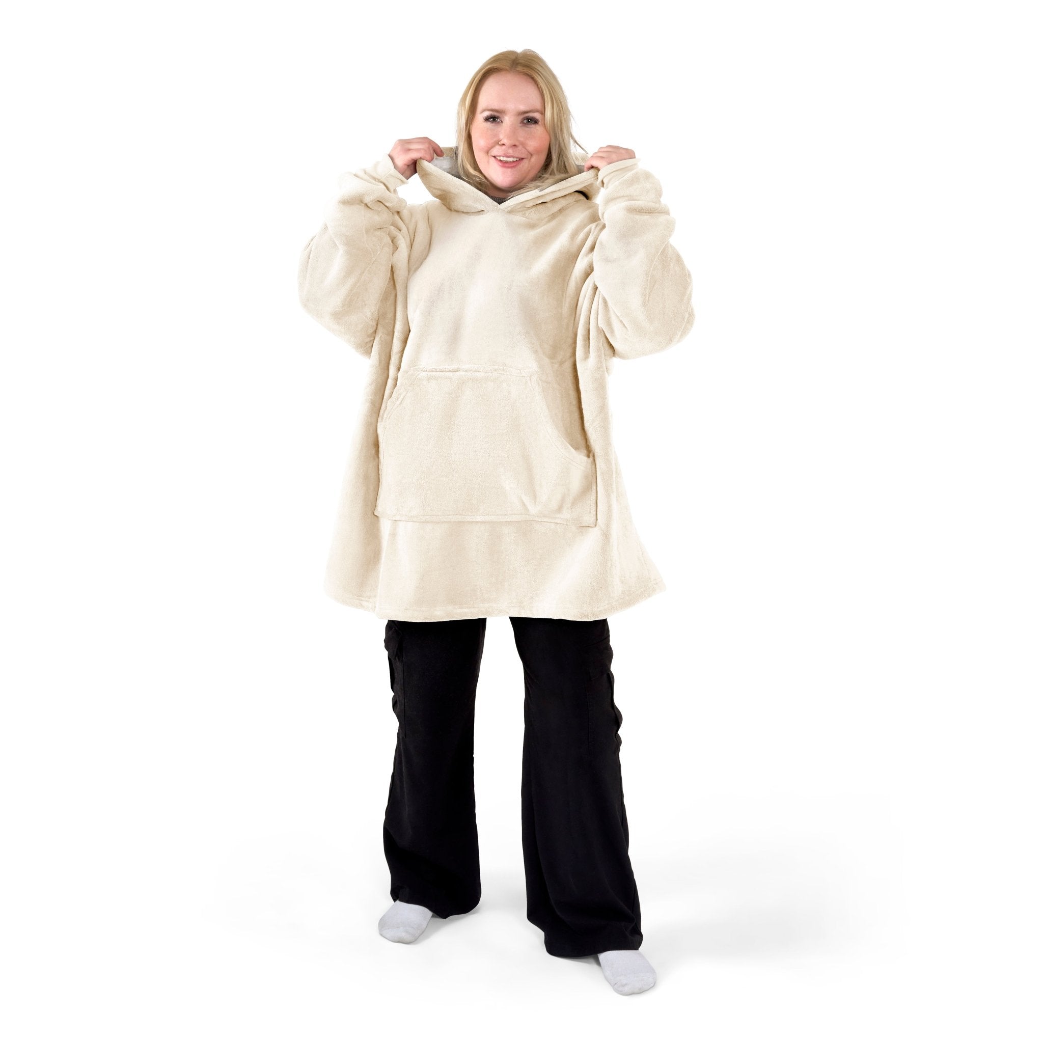 Oversized Sherpa Fleece Hoodie Blanket - Ivory Cream Bargainia.com